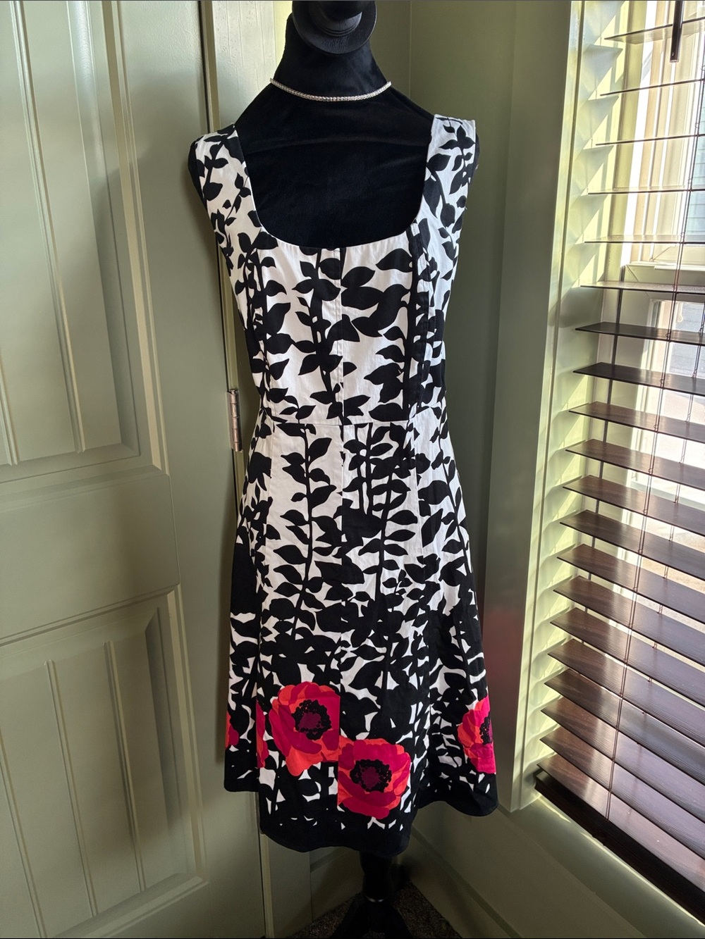 New York & Company Black & White Floral Midi Dress with Pink Hem Flowers